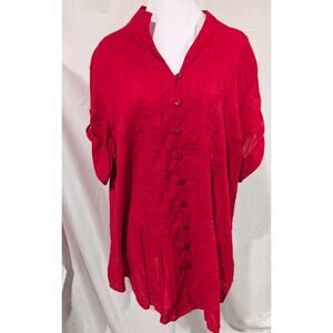 Coldwater Creek Red Blouse Women's Plus Size 1X 100% Cotton Shirt Top V-neck EUC